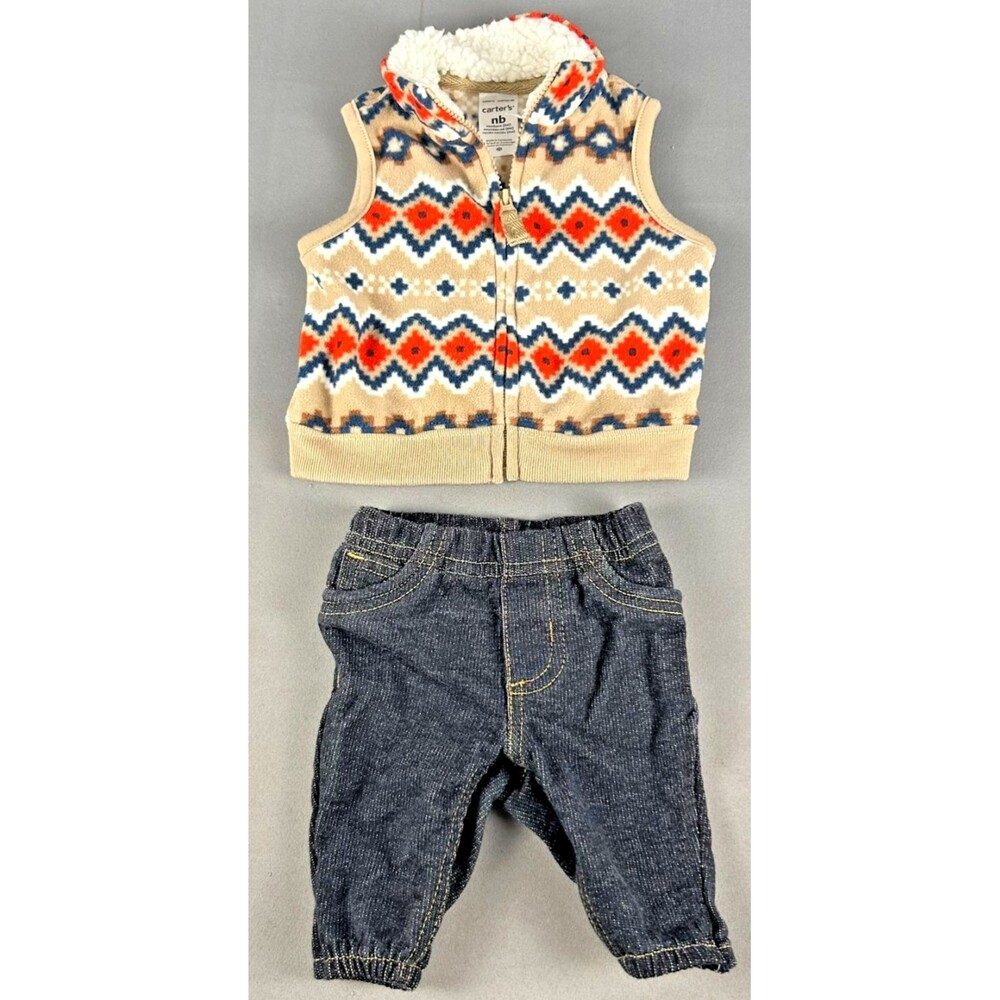 Carters Infant Newborn Winter Western Aztec Fleece Vest and Denim Pants Set